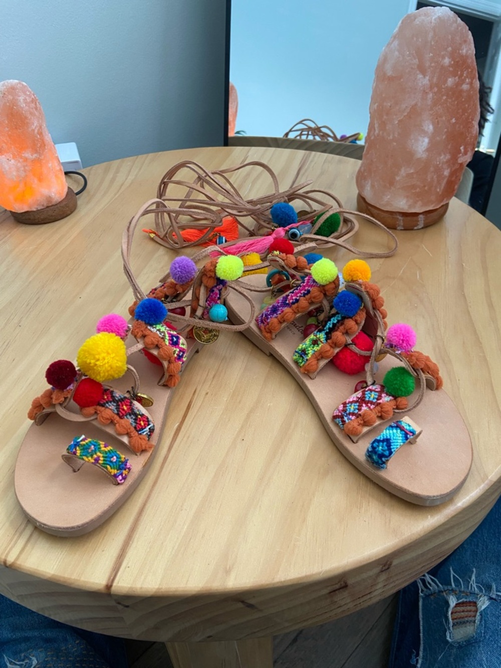 Women’s Multicolor Pom Pom Lace-Up Sandals